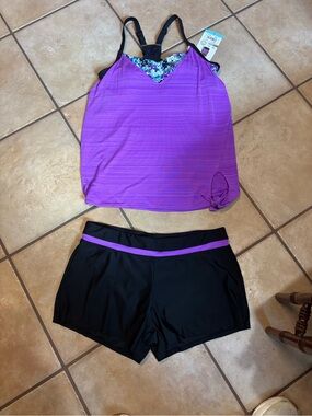 ZeroXposur Purple Tankini Top with Black Swim Shorts